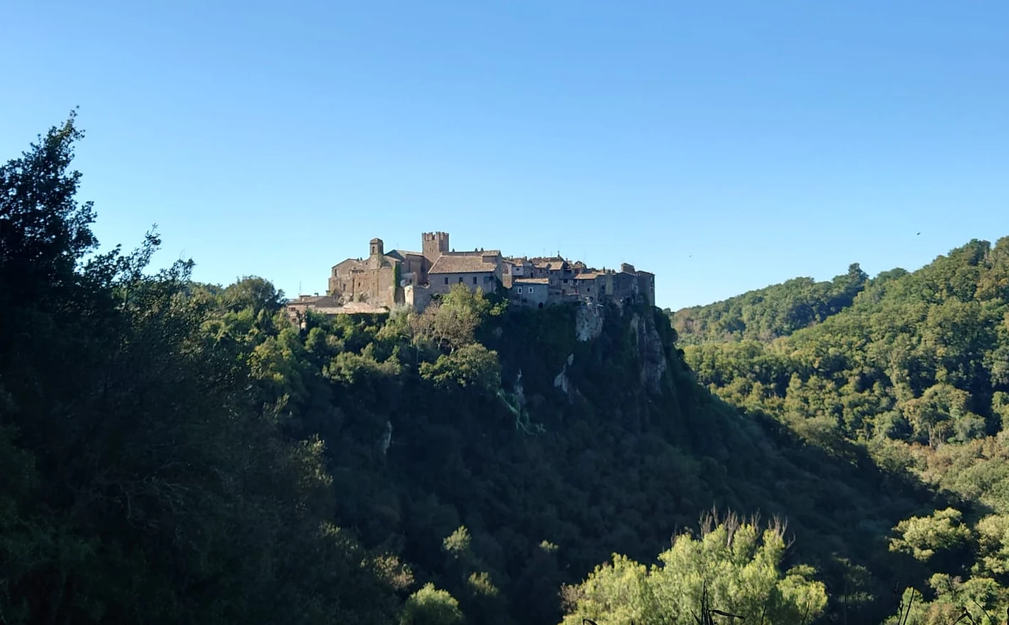 Il borgo di Calcata sulla rupe di tufo, circondato dalla vegetazione della valle del Treja.