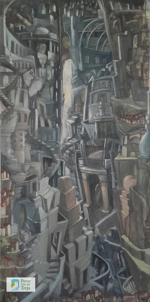 Un paesaggio di torri e passaggi dipinto da Angela Marrone, immagine provvisoria per la serie.